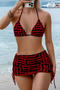 retro sexy geometric print padded mesh skirt three-piece swimwear & headkerchief_White_Rose Red