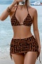 retro sexy geometric print padded mesh skirt three-piece swimwear & headkerchief_White_Rose Red_Yellow_Beige_Brown