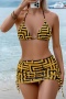 retro sexy geometric print padded mesh skirt three-piece swimwear & headkerchief_White_Rose Red_Yellow