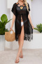 sexy cut out knitted tassel lace-up v-neck dress cover-up(only cover-up)_Black