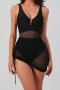 sexy see through mesh padded v-neck drawstring dress style one-piece swimsuit_Black