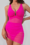 sexy see through mesh padded v-neck drawstring dress style one-piece swimsuit_Black_Magenta