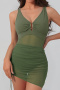 sexy see through mesh padded v-neck drawstring dress style one-piece swimsuit_Black_Magenta_Dark Green