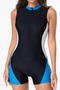 sports surfing plus size color-block padded zip-up one-piece swimwear_Dark Gray_Blue