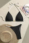 sexy 4 colors metallic shell decor padded halter-neck triangle bikini set_Black