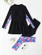 girls teen stylish floral printing padded long sleeve surfing two-piece swimsuit_Black