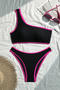 stylish textured color-block padded one shoulder tankini set_Black