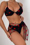 sexy 3 colors heart printing padded underwire mesh skirt three-piece swimsuit_Black