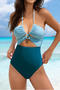 sexy plus size color-block padded hollow halter-neck lace-up one-piece swimsuit_Black_Sky Blue