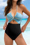 sexy plus size color-block padded hollow halter-neck lace-up one-piece swimsuit_Black