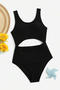 girls teen stylish pure colour non-padded hollow one-piece swimsuit_Black