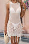 sexy slight stretch solid color knit slim-fit tassel beach cover-up_Black_White_Beige