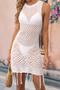 sexy slight stretch solid color knit slim-fit tassel beach cover-up_Black_White