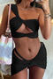 sexy 5 colors padded hollow one shoulder three-piece swimwear_Black