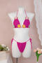 sexy color-block 3d flower knitted non-padded halter-neck triangle bikini set_Magenta