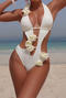 sexy pearl decor 3d flower decor padded hollow out one-piece swimsuit_Black_White