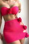 xs-l sexy 3d flower decor padded bandeau hollow skirt three-piece swimsuit_Red_Magenta