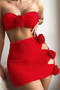 xs-l sexy 3d flower decor padded bandeau hollow skirt three-piece swimsuit_Red