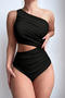 stylish 4 colors padded one shoulder hollow out ruched one-piece swimsuit_Black