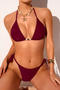 xs-l sexy pure colour beading padded halter-neck triangle bikini set_White_Rose Red