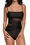 sexy plus size see through mesh stitching padded sling one-piece swimsuit_Black