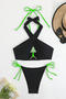 sexy 3 colors padded hollow halter-neck lace-up tankini set_Black