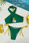 sexy 3 colors padded hollow halter-neck lace-up tankini set_Black_Pink_Green
