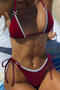 sexy color-block bow removable padding halter-neck lace-up triangle bikini set_Black_Rose Red