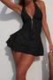 stylish 3 colors padded halter-neck lace-up three-piece swimsuit_Black