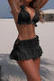 sexy 3d flower decor padded halter-neck lace-up three-piece swimwear_Black