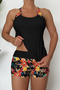 stylish retro flower printing padded high waist tankini set_Black