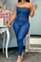 summer plus size solid color strapless single breasted micro elastic fashion tight denim jumpsuit_Sky Blue_Dark Blue