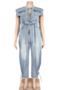 xl-5xl new two colors inelastic single-breasted pockets stylish denim jumpsuit with belt_Sky Blue