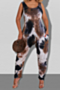 new plus size tie-dye stretch sleeveless pockets side stylish casual jumpsuit_Black