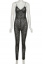 summer new style sling mesh flocked leopard batch printing tight jumpsuits_Black