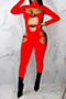 plus size solid color high collar hollow out buckle zip-up autumn sexy jumpsuit_Black_White_Light Green_Red