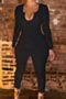 plus-size solid color long sleeve autumn tight simple stretch irregular jumpsuits_Black