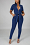 two colors solid color single breasted pockets micro elastic summer new stylish denim jumpsuit (with belt)_Sky Blue_Dark Blue