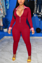 autumn new plus size seven colors stretch turndown collar zip-up stylish skinny jumpsuit_Black_Red