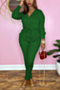 autumn new plus size solid color stretch v-neck tie-waist stylish skinny jumpsuit_Black_Red_Green
