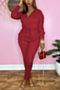 autumn new plus size solid color stretch v-neck tie-waist stylish skinny jumpsuit_Black_Red