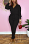 autumn new plus size solid color stretch v-neck tie-waist stylish skinny jumpsuit_Black