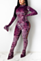 autumn new plus size three colors leopard printing stretch bell-sleeve zip-up back hollow side stylish jumpsuit_Purple