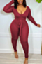 autumn new plus size solid color stretch v-neck stylish skinny jumpsuit with belt_Black_Light Green_Rose Red