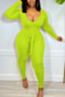 autumn new plus size solid color stretch v-neck stylish skinny jumpsuit with belt_Black_Light Green