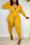 autumn new plus size solid color stretch v-neck stylish skinny jumpsuit with belt_Black_Light Green_Rose Red_Pink_Yellow