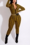 autumn new stylish micro-elastic slim houndstooth zip-up plus size casual jumpsuit(without belt)_White_Red_Yellow