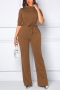 spring new stylish solid color stretch zip-up pocket plus size 5 colors casual jumpsuit(with belt)_Black_Dark Green_Rose Red_Dark Blue_Brown