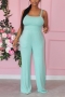 spring new stylish stretch solid color pocket sling plus size loose casual jumpsuit_Black_Light Green