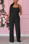 spring new stylish stretch solid color pocket sling plus size loose casual jumpsuit_Black